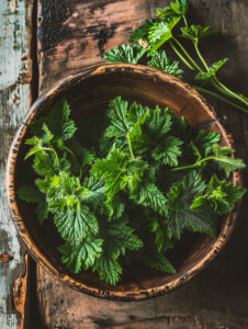 Fresh young organic nettle leaves in wooden bowl