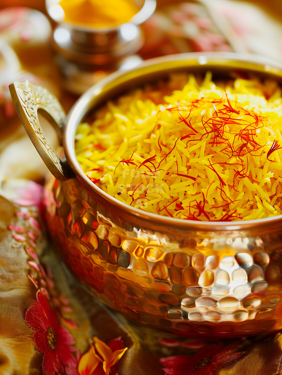 Golden Saffron Rice in Copper Pot