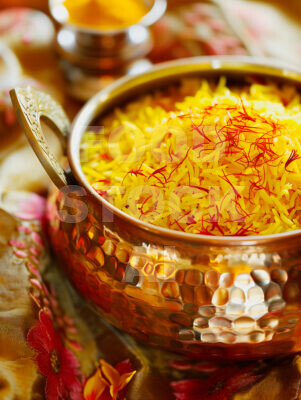 Golden Saffron Rice in Copper Pot