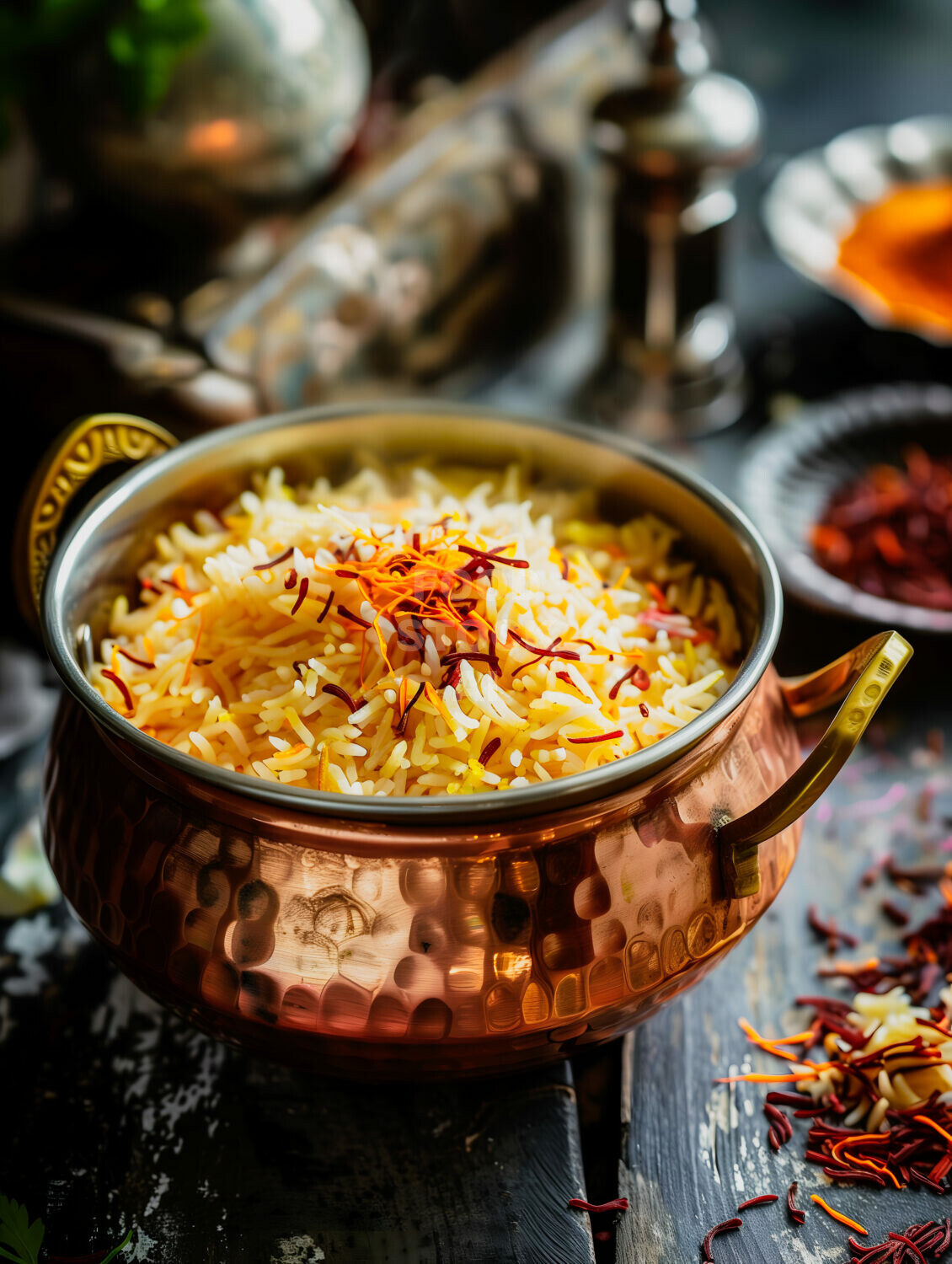 Saffron Rice in Copper Pot: A Rustic Culinary Scene