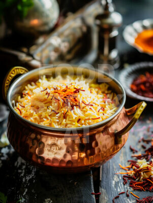 Saffron Rice in Copper Pot: A Rustic Culinary Scene