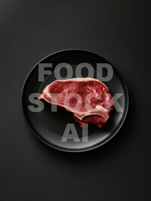Raw T-Bone steak on a black ceramic plate