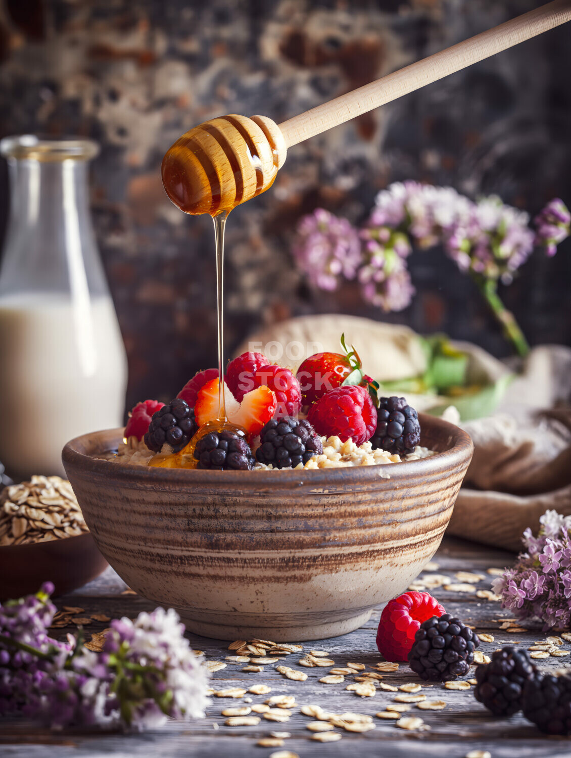 Oatmeal topped with berries and honey