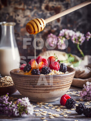 Oatmeal topped with berries and honey