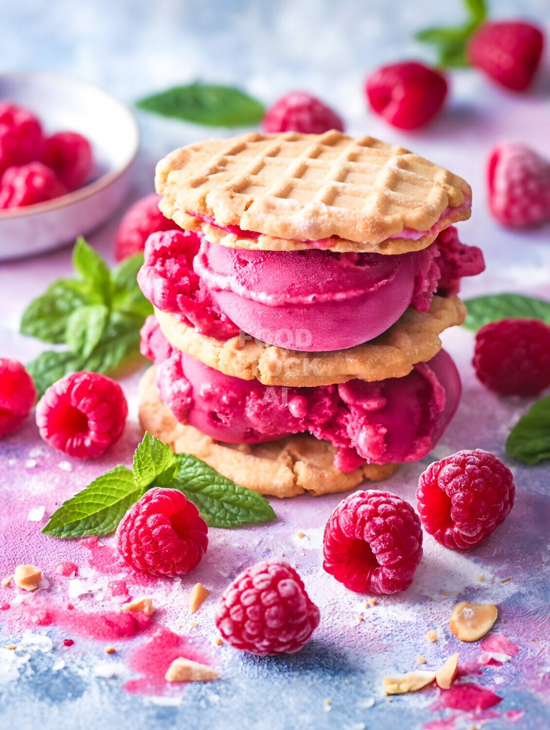 Raspberry sorbet sandwich with almond flour cookies