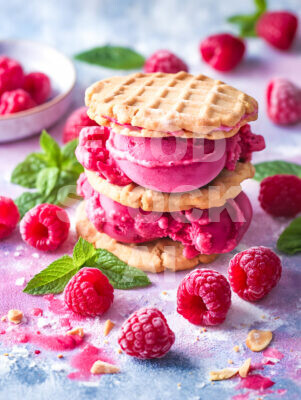 Raspberry sorbet sandwich with almond flour cookies