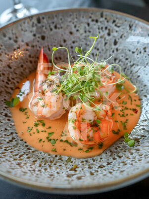 Shrimp in a shellfish broth