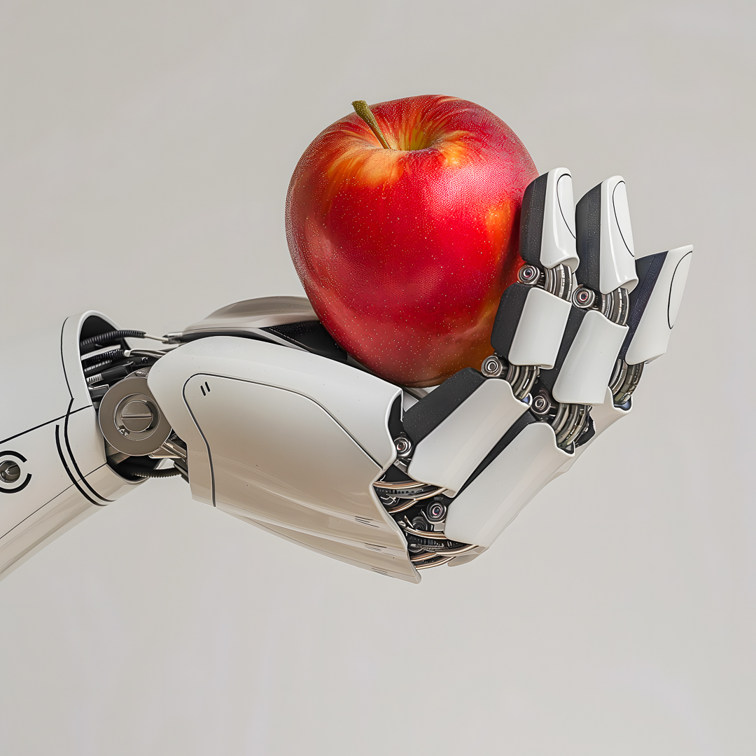 A robotic hand holding a red apple