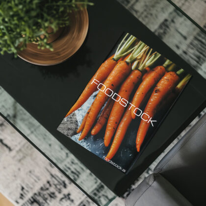 Flat view of a cookery book on a coffee table