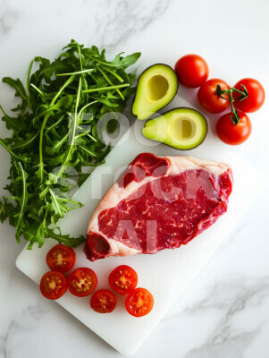 Raw Ribeye Steak with Fresh Produce