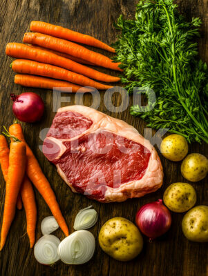 Raw Ribeye Steak with Vegetables