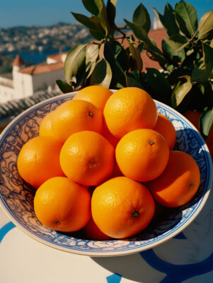 Closeup of whole oranges laying in a bowl