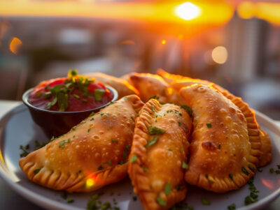 empanadas against an urban rooftop backdrop